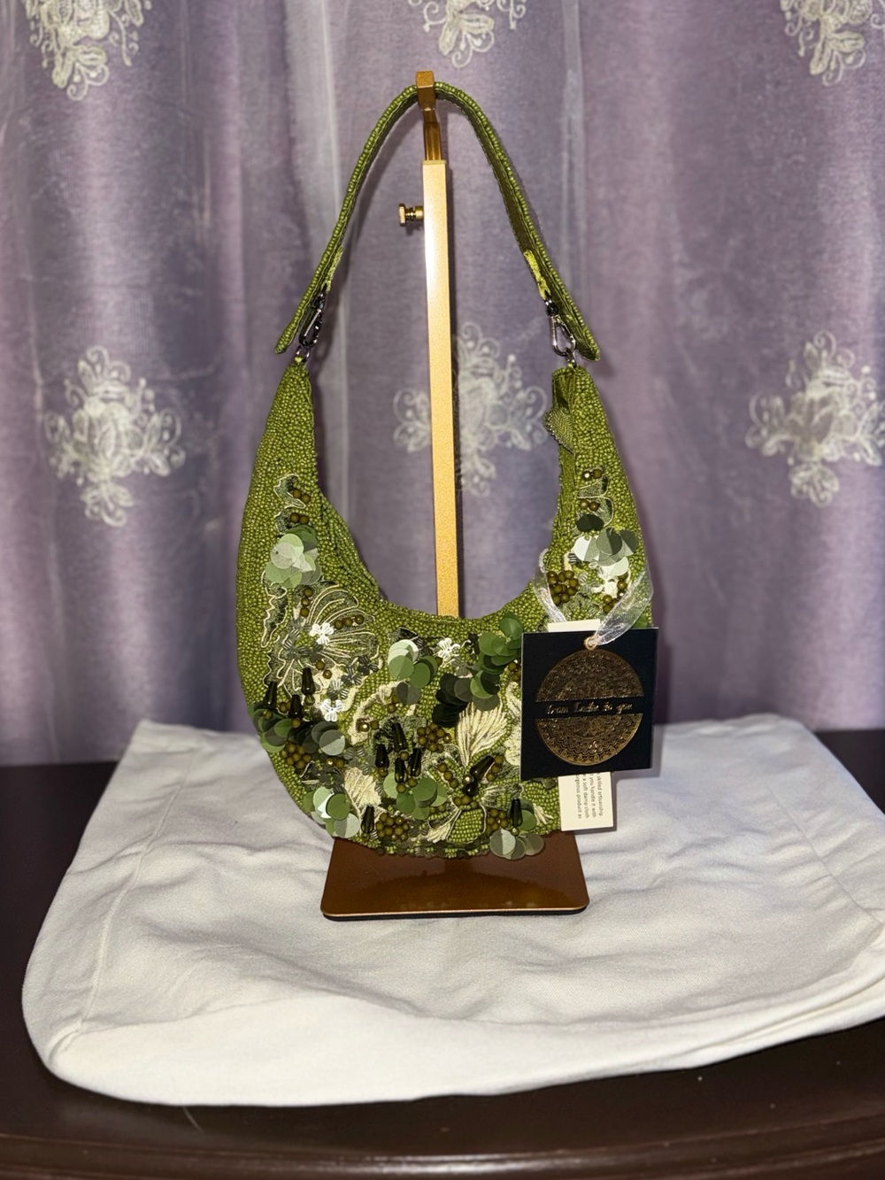 NWT “From India to You” Hand Beaded Green Sequined Crescent Shoulder Bag